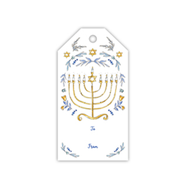 Gift Tag, Gold Menorah with Laurel and Star of David