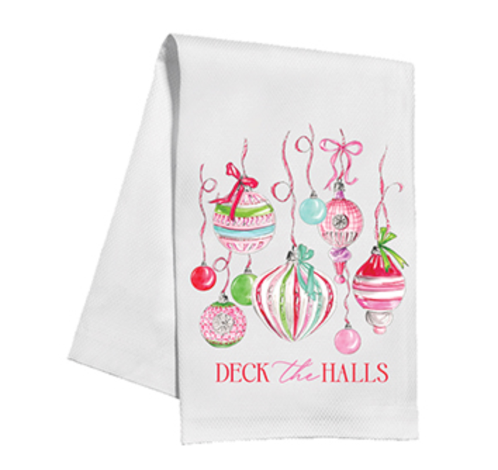 Kitchen Towel Handpainted Deck The Halls Pink and Green