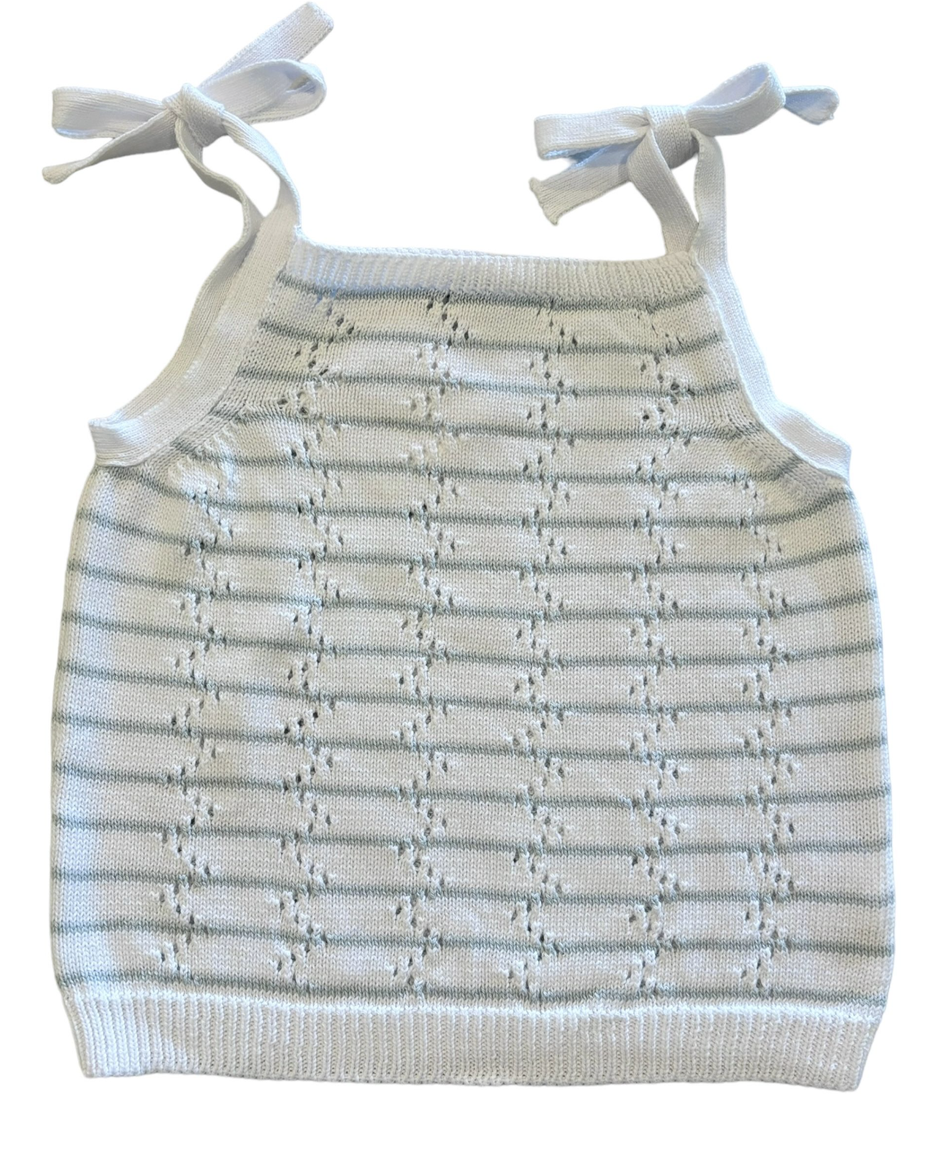 Knit Tank Top with Shoulder Ties, White with Blue