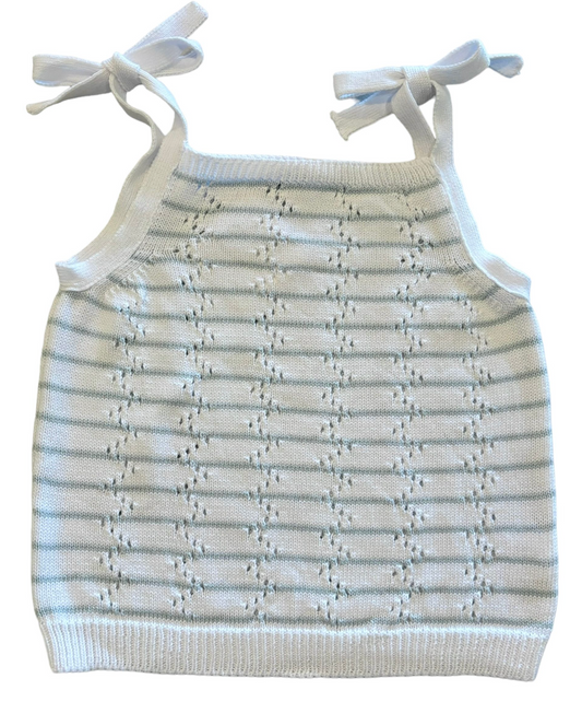 Knit Tank Top with Shoulder Ties, White with Blue