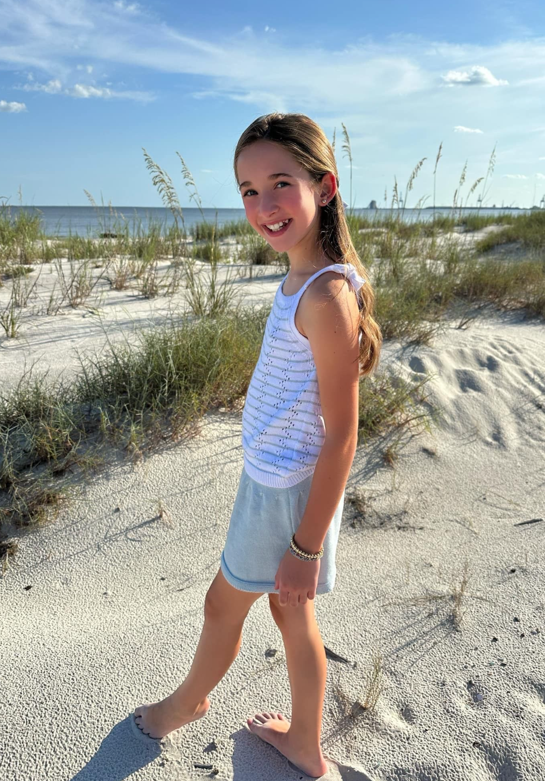 Knit Tank Top with Shoulder Ties, White with Pink
