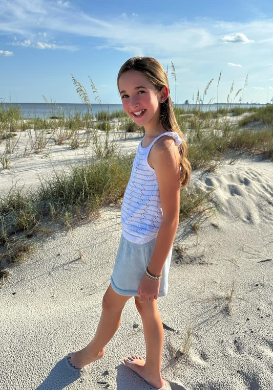 Knit Tank Top with Shoulder Ties, White with Blue