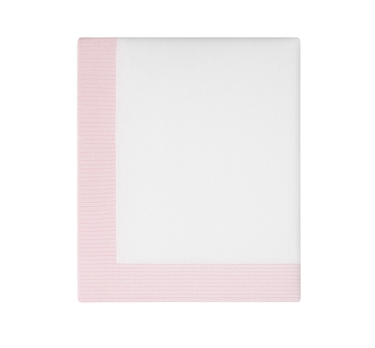 Jersey Knit Blanket with Contrast Rib Border, White with Pink