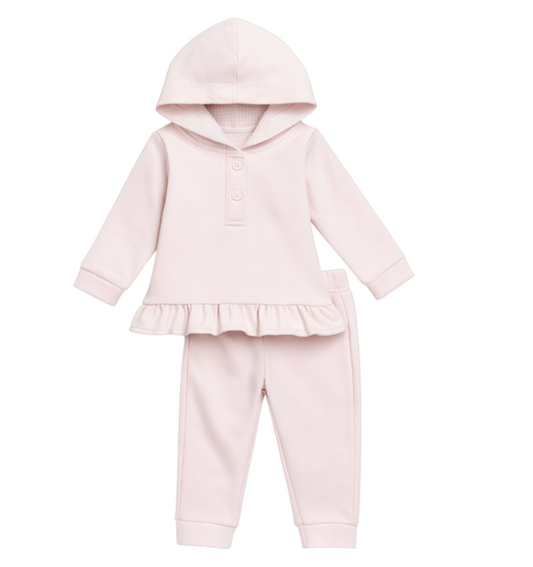 Pink Long Sleeve Hooded Tracksuit Pant Set with Ruffle