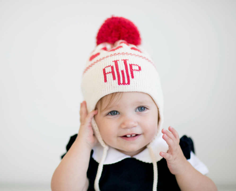 Ear Flap Hat with Monogram, Hearts
