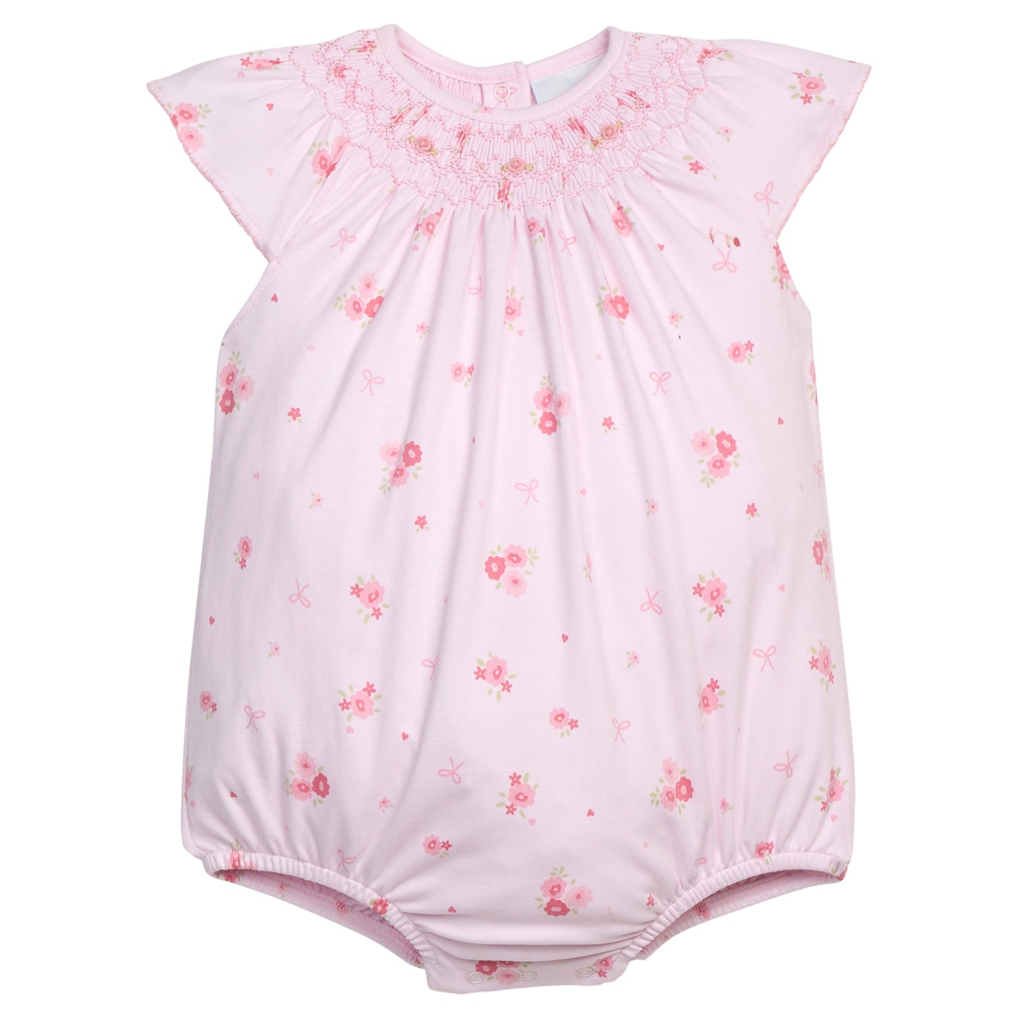 Little English classic smocked bishop bubble in light pink with primrose floral motifs, smocking around neckline, snaps at bottom, for baby girl