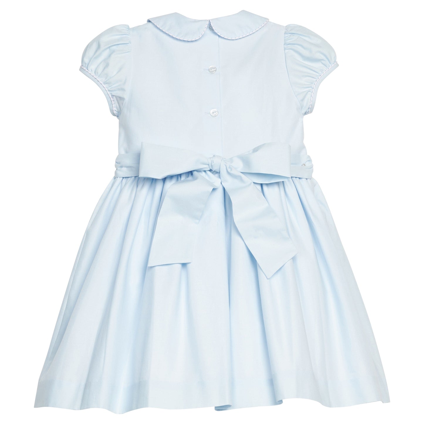 Little English classic smocked emery dress in light blue with white detailing, smocking around chest, tieable in back, for little girl