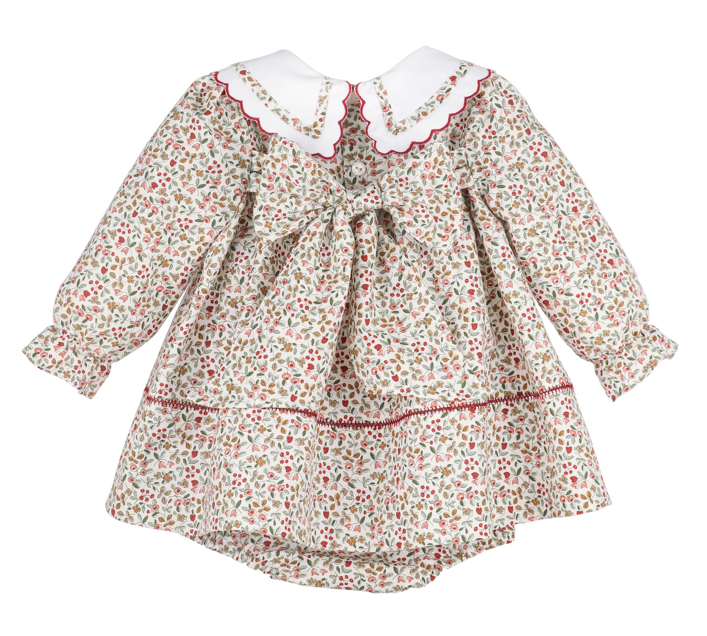 Floral baby dress with a white collar on a white background