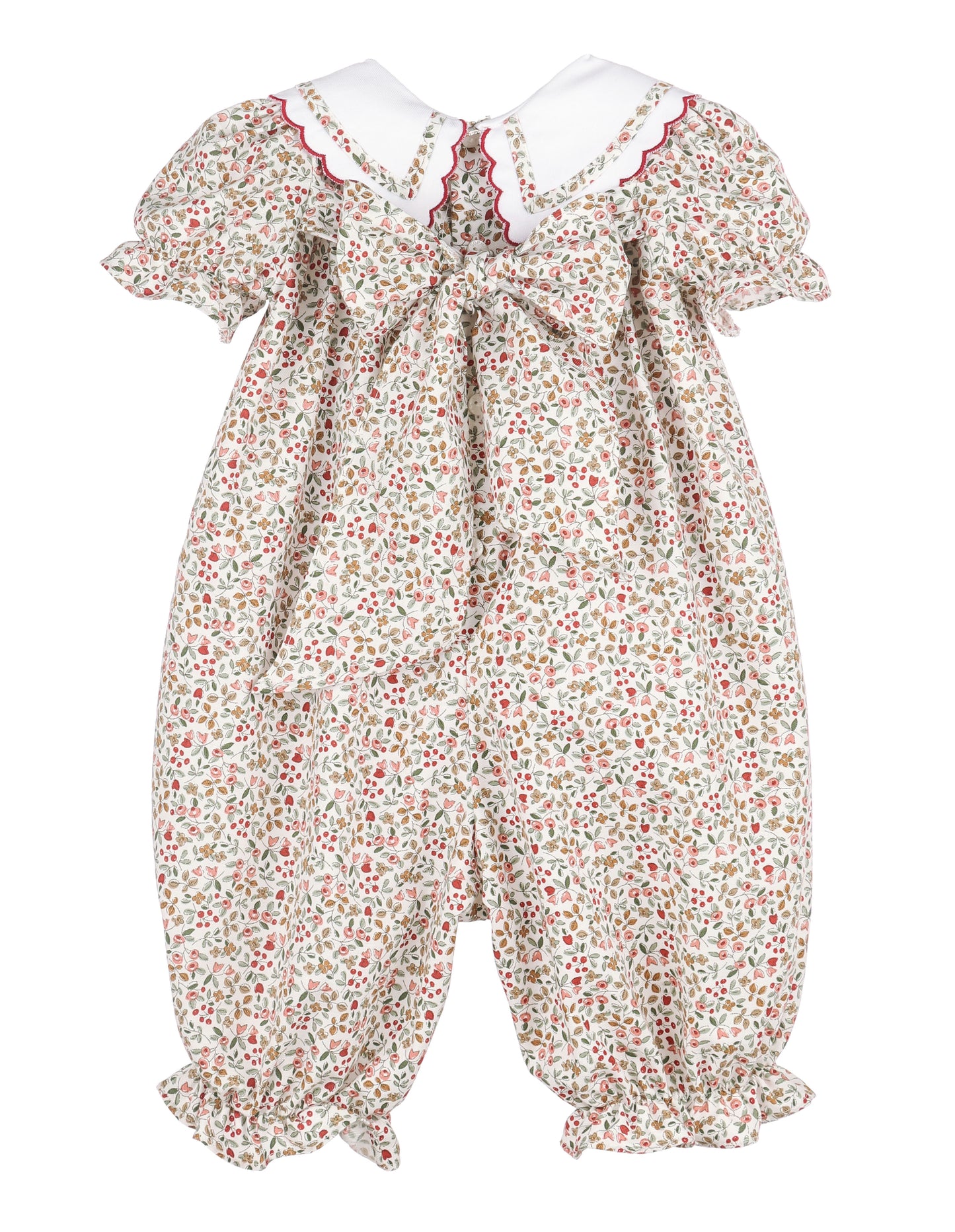 Floral baby romper with ruffled sleeves on a white background