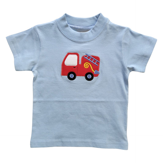 Boy's Short Sleeve Fire Truck Applique Blue T-Shirt