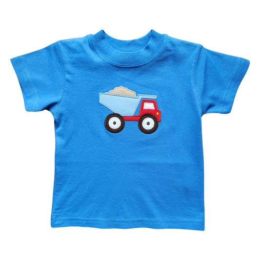 Boy's Short Sleeve Red Dump Truck Applique Medium Blue T-Shirt
