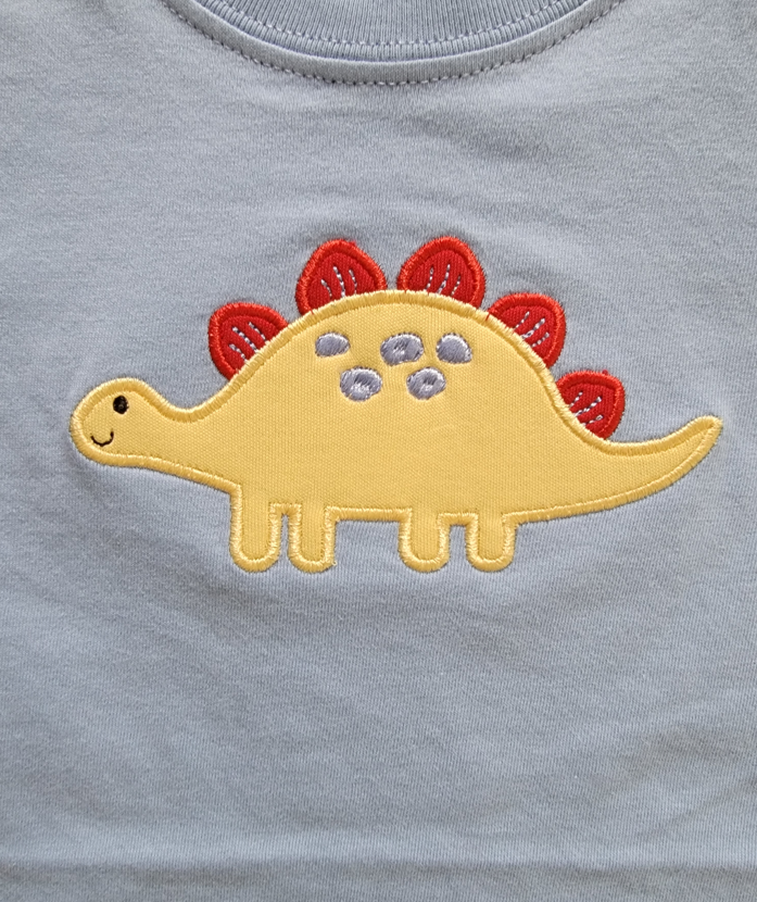 Boy's Short Sleeve Yellow Stegosaurus Applique Blue T-Shirt
