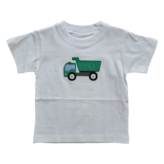Boy's Short Sleeve Green Dump Truck Applique White T-Shirt