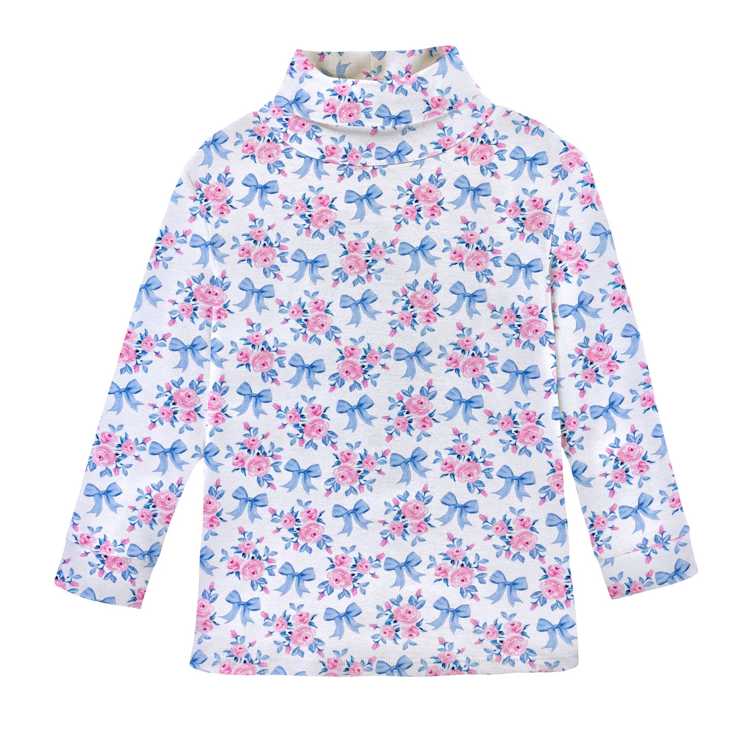 Printed Turtleneck, Blue Floral Bows