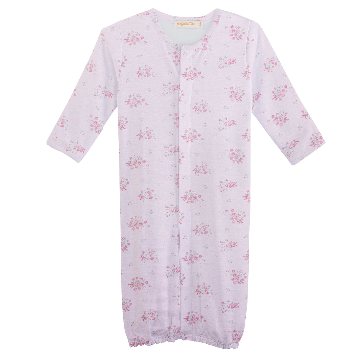 Floral-patterned baby gown on a white background