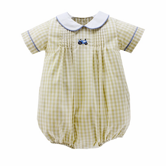 Bennett Bubble Khaki Gingham Check with Embroidered Tractors