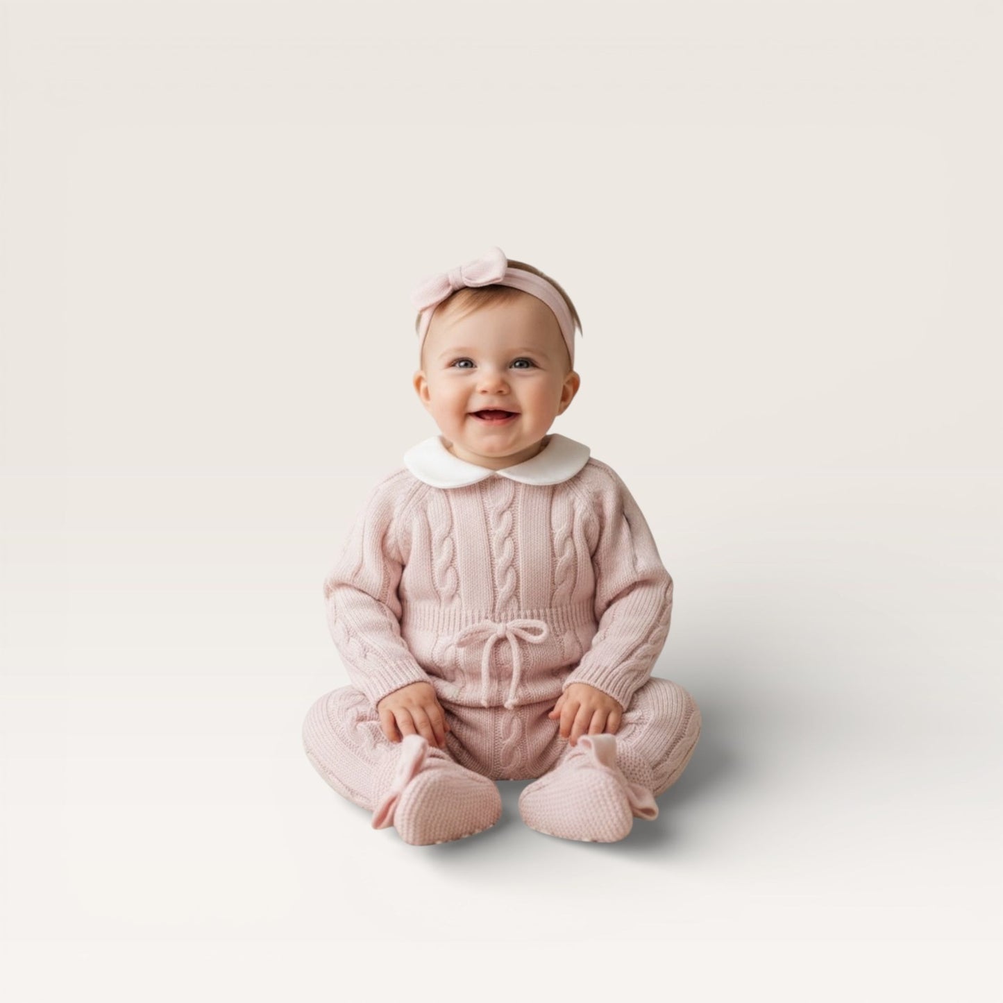 Baby wearing a pink knitted outfit with a white background