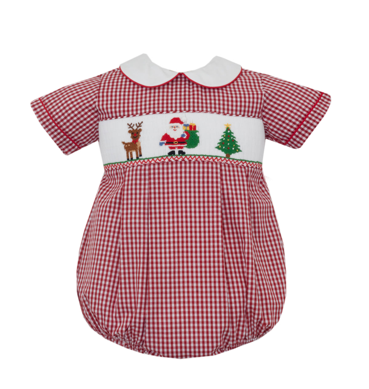 Red and white checkered baby romper with Christmas-themed embroidery on a white background