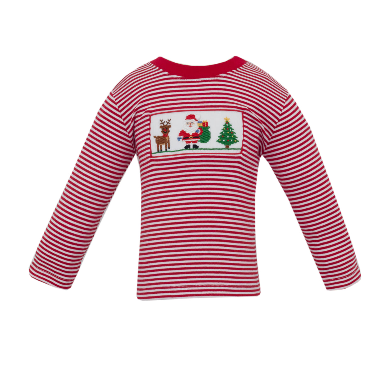 Red and white striped long-sleeve shirt with a Christmas-themed patch on a white background