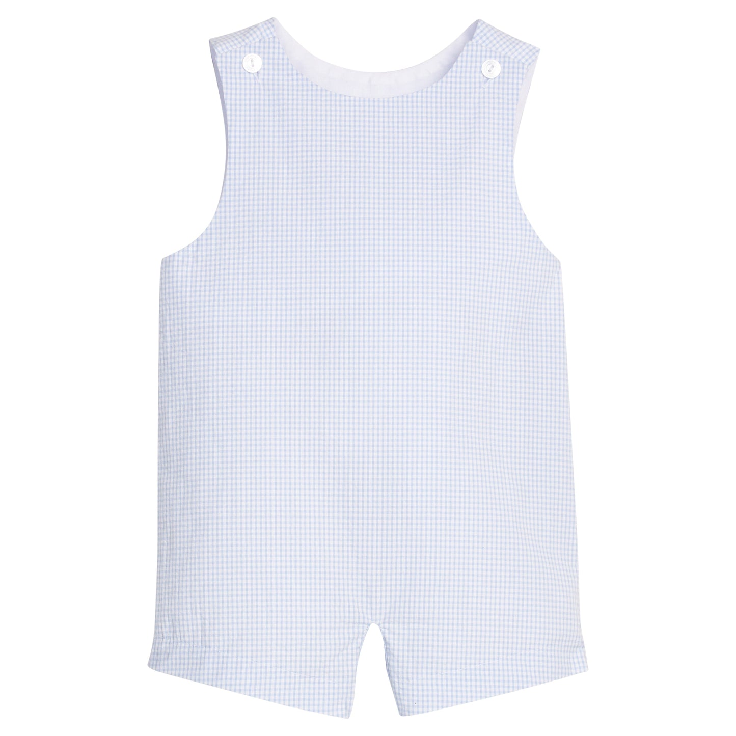 Little English traditional children's clothing. Classic john john for toddler boys in light blue seersucker gingham