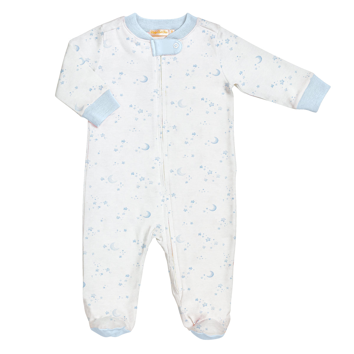 Baby onesie with blue accents on a white background
