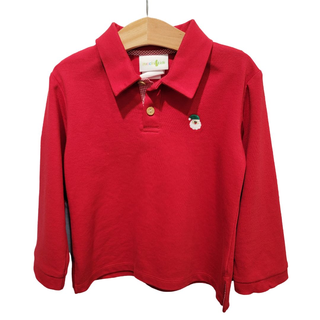 Red Long Sleeve Polo with Embroidered Santa