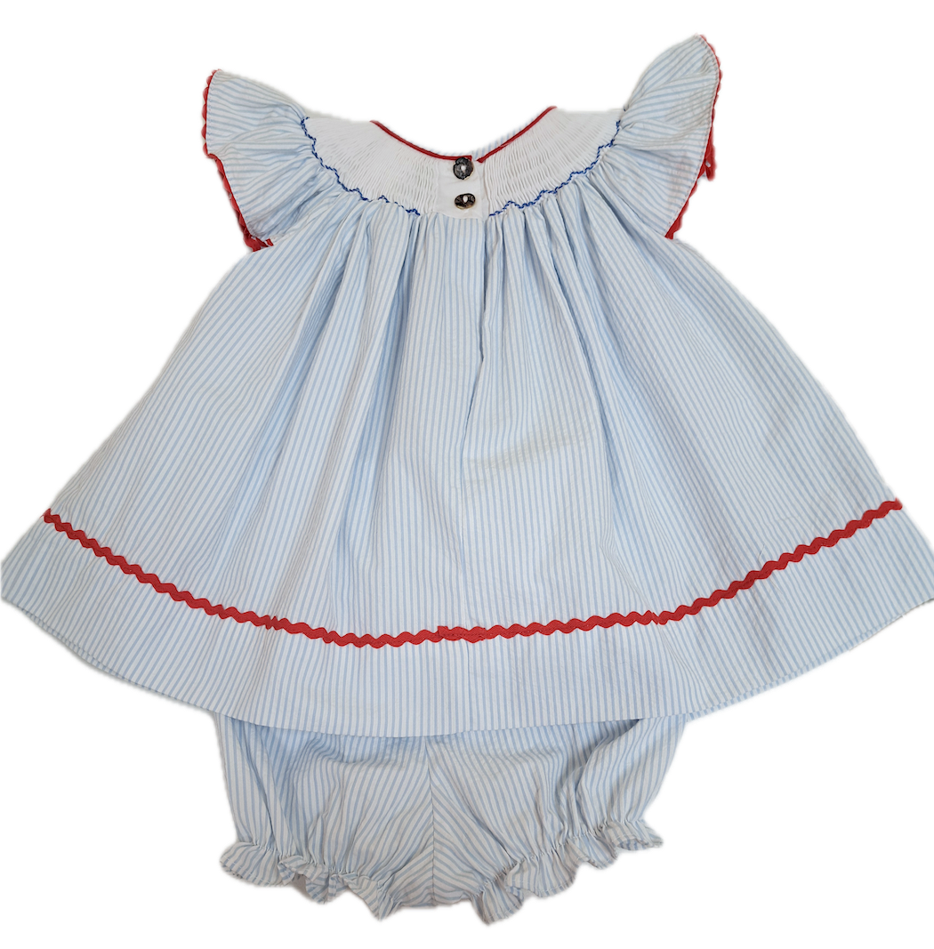 Girl's Sailboat Smocked Bishop Blue Seersucker Dress