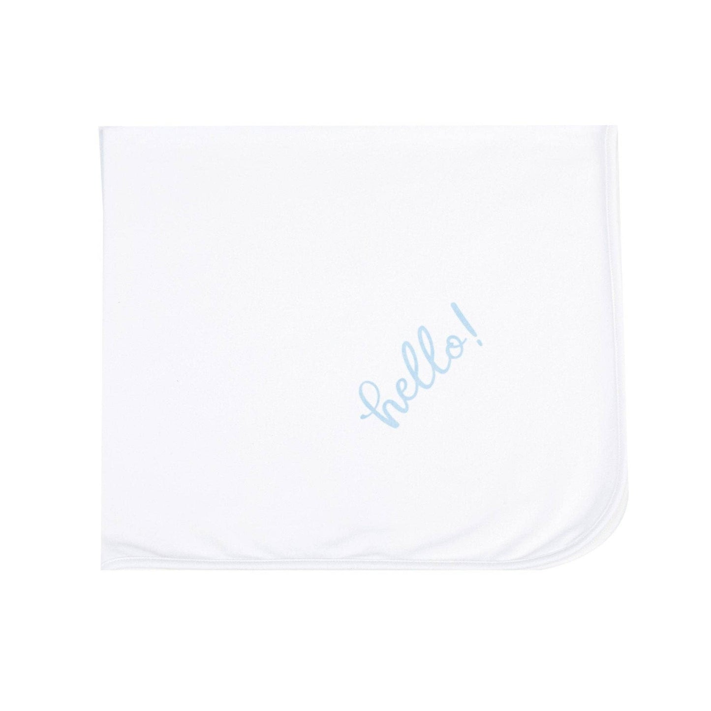 Hello! Receiving Blanket, White with Blue