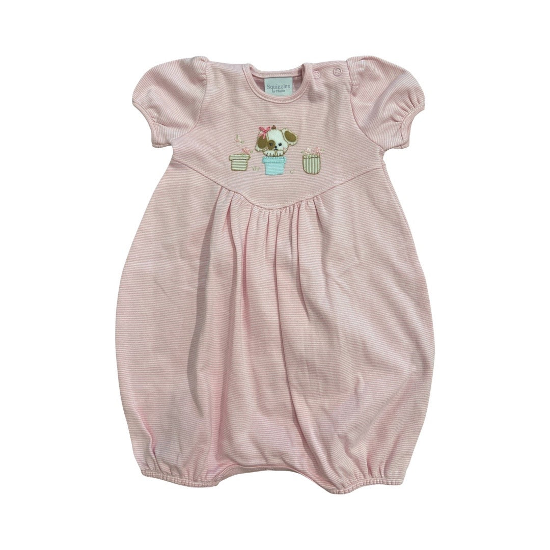 Girl's Pink & White Striped Romper with Penny the Pup Applique