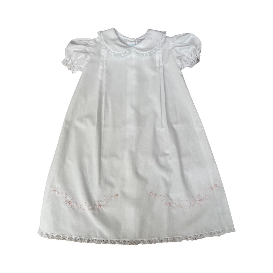 Collared Long Daygown with Lace Detail and Dot Embroidery