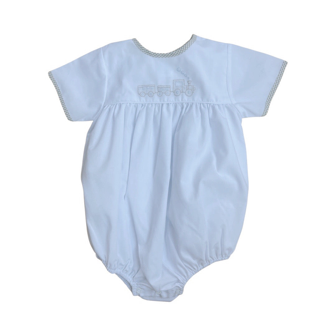Short Sleeve Boy's Bubble with Khaki GIngham Trim & Train Embroidery