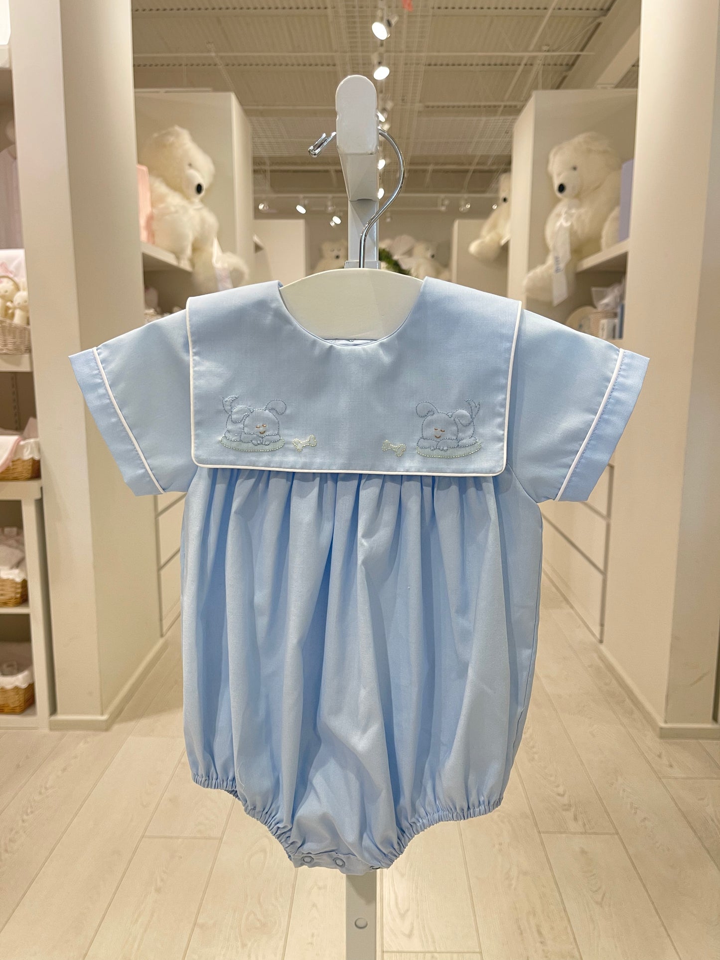 Short Sleeve Light Blue Square Collar Bubble with Puppy Embroidery