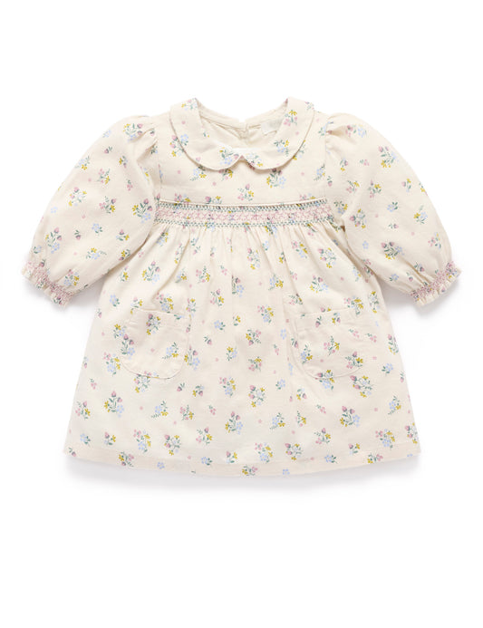 Smocked Floral Flannel Collared Dress