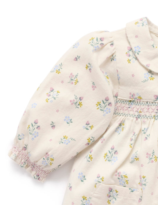 Smocked Floral Flannel Collared Dress