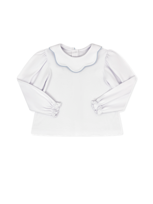 Scarlett Scallop Blouse Long Sleeve, Legacy White, Bluffton Blue