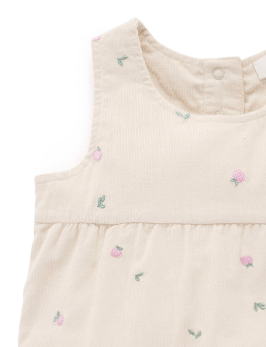 Cream Flower Embroidered Corduroy Romper