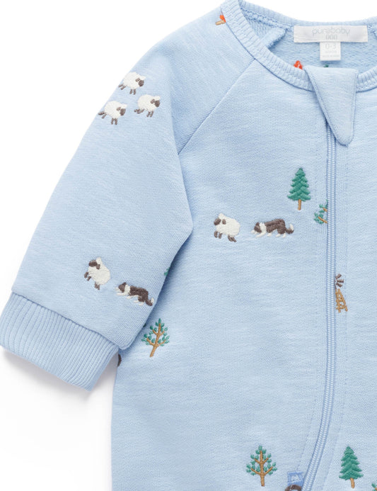 Blue Embroidered Farm Fleece Growsuit