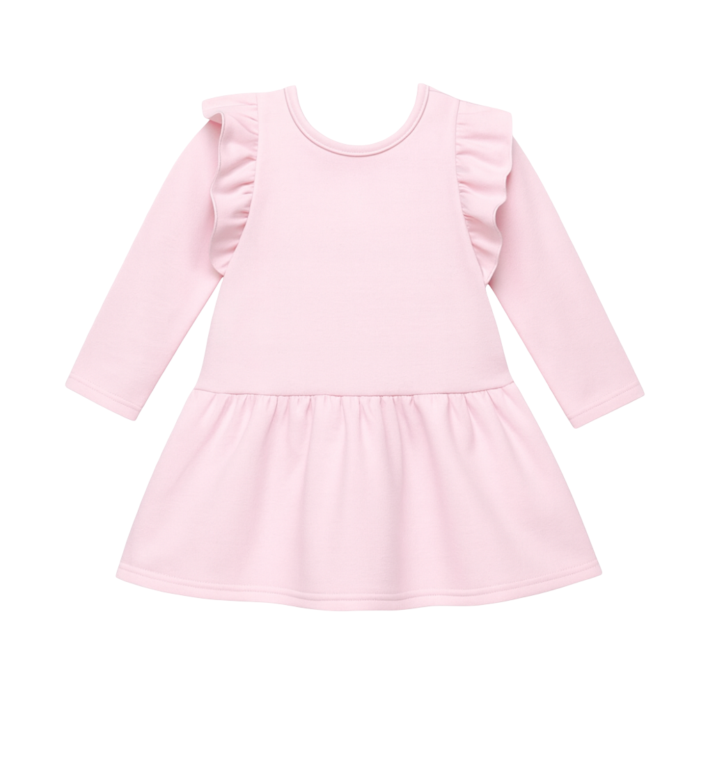 Pink Long Sleeve Ruffle Shoulder Dress