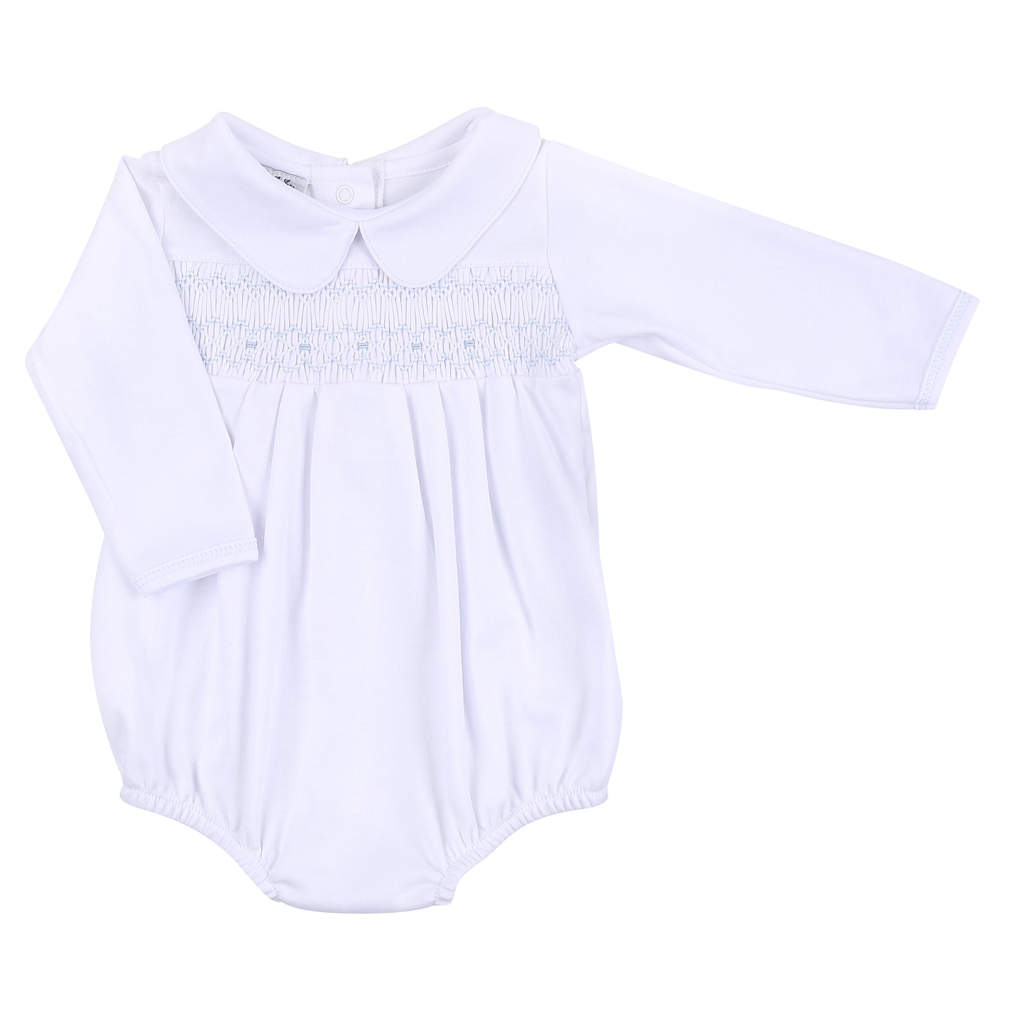 Alice & Andrew Smocked Collared Long Sleeve White Bubble with Blue
