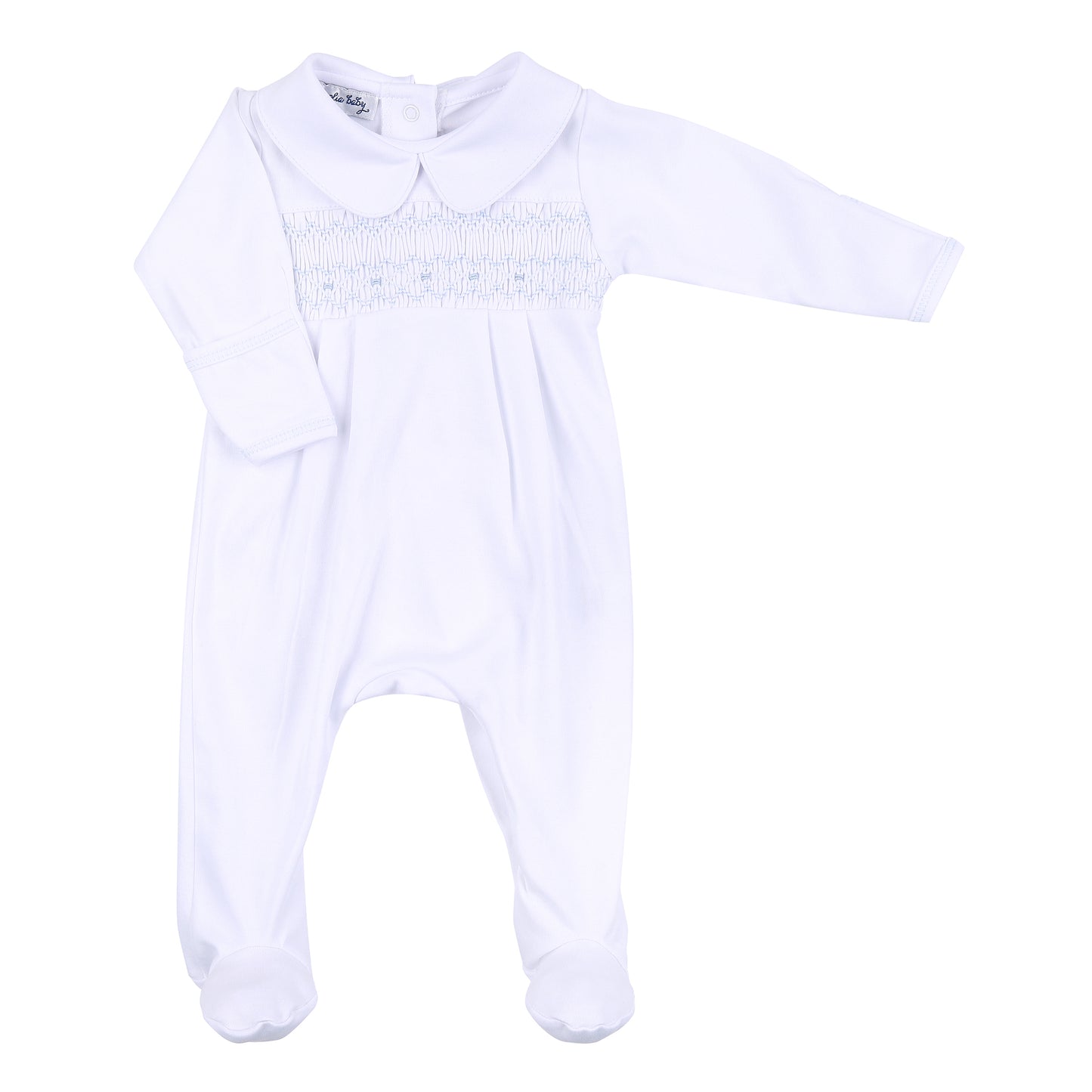 Alice & Andrew Smocked Collared White Footie with Blue