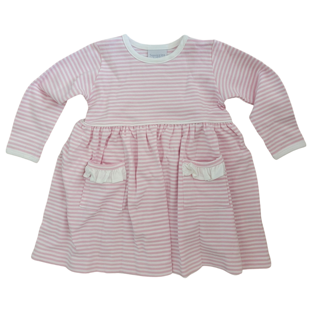Long Sleeve Pink Stripe Dress with White Ruffle Pockets