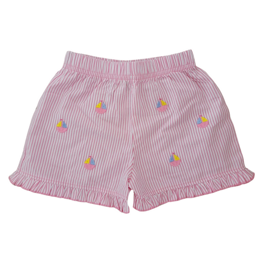 Girl's Embroidered Sailboats Seersucker Pink Stripe Shorts