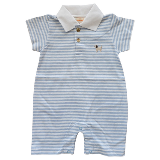 Boy Short Sleeve Puppy Embroidered Blue Stripe Polo Romper
