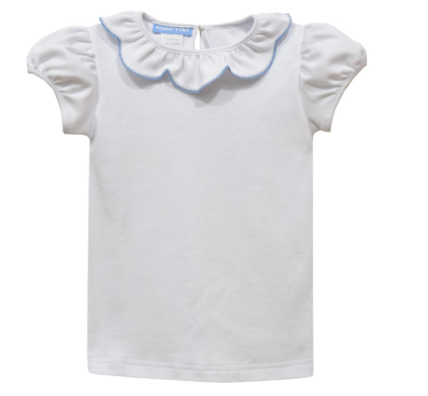 Short Sleeve Knit Top with Ruffle Neckline in Blue Trim