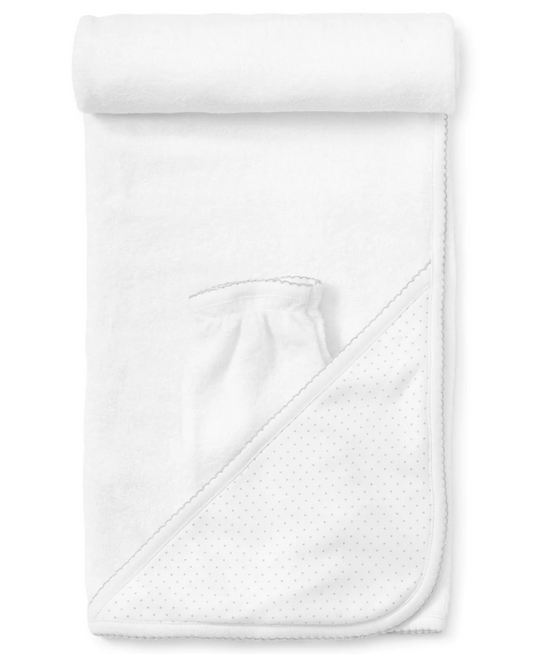 Towel with Mitt, White with Grey Polka Dots