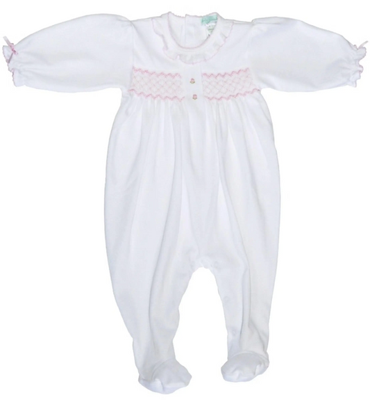 Girl Smocked White Footie with Ruffles