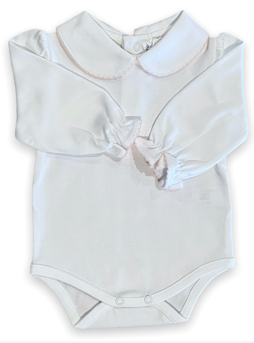Girl Long Sleeve Collared White Onesie with Pink Trim