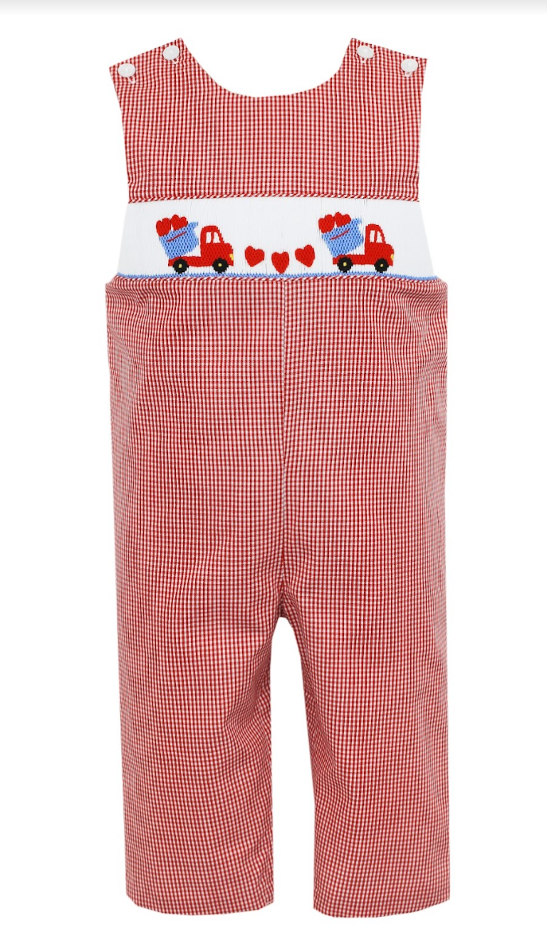 Red Smocked Hearts & Dump Truck Long John John