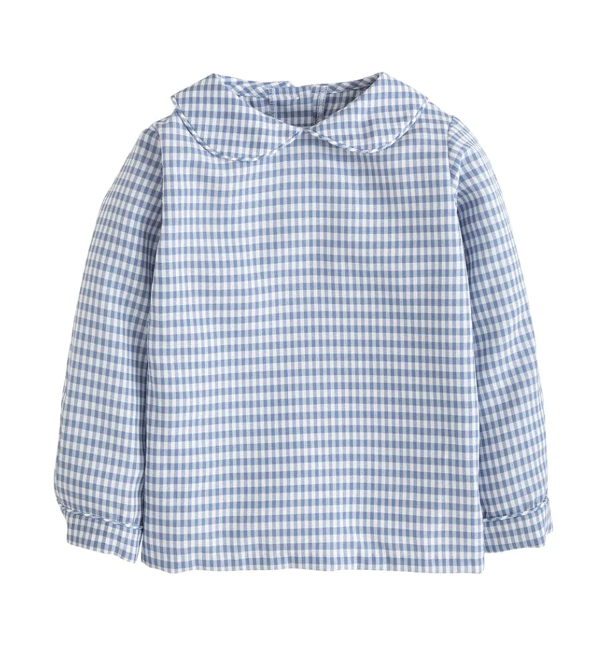 Gray Blue Gingham Long Sleeve Peter Pan Shirt