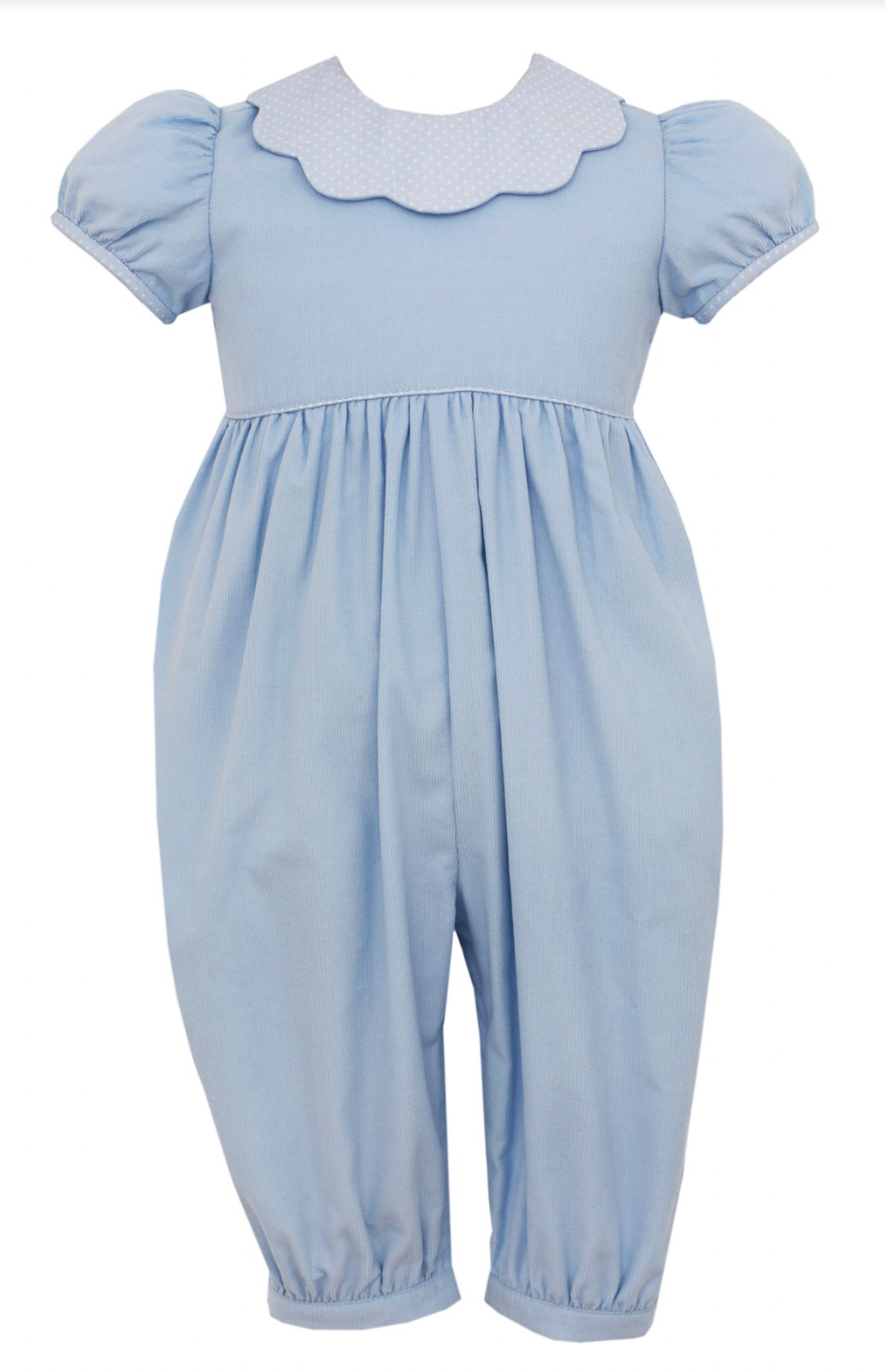 Girl Corduroy Long Scallop Collar Romper, Blue
